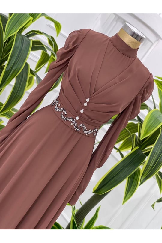Taş İşleme Kemer Şifon Elbise 3622-Rose