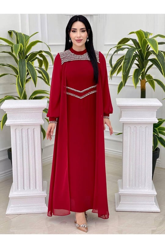 Taş İşleme Pelerin Elbise 3790-Kırmızı