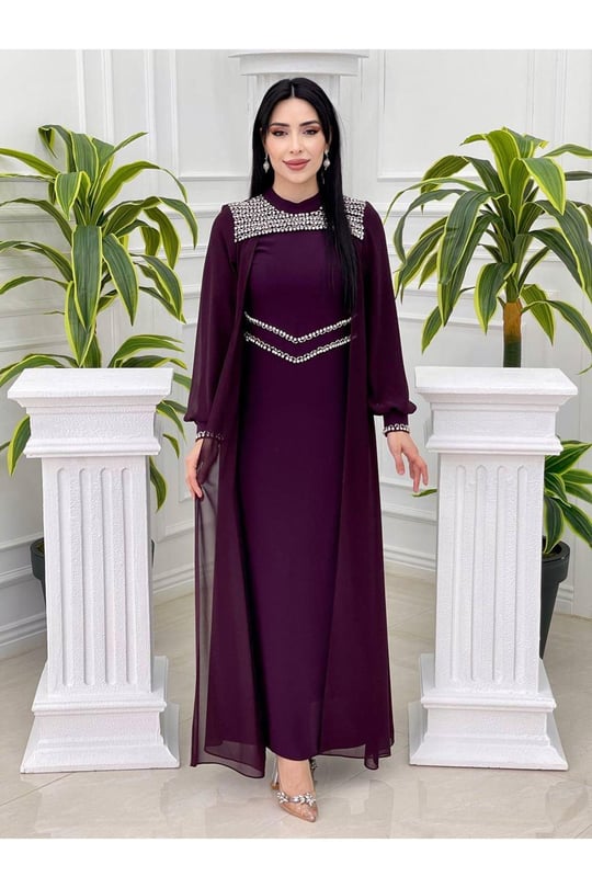 Taş İşleme Pelerin Elbise 3790-Mor
