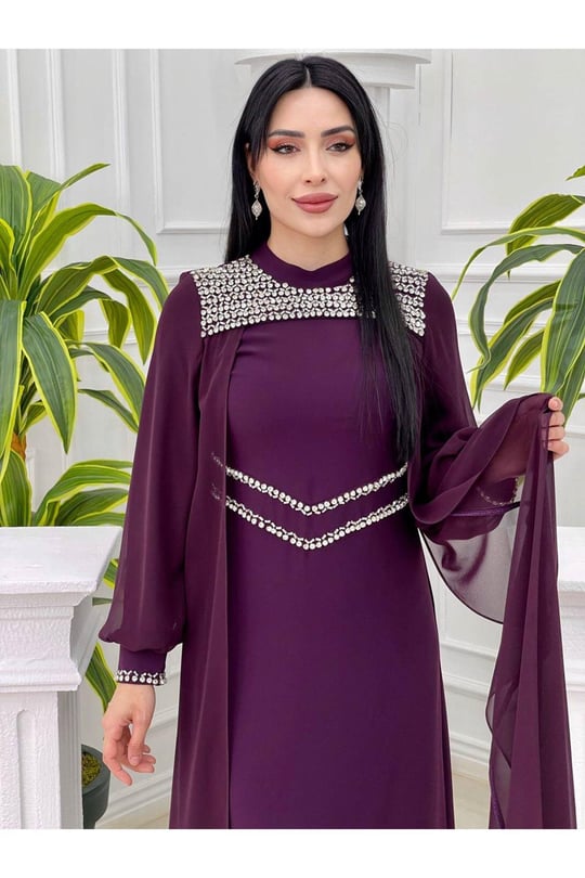 Taş İşleme Pelerin Elbise 3790-Mor