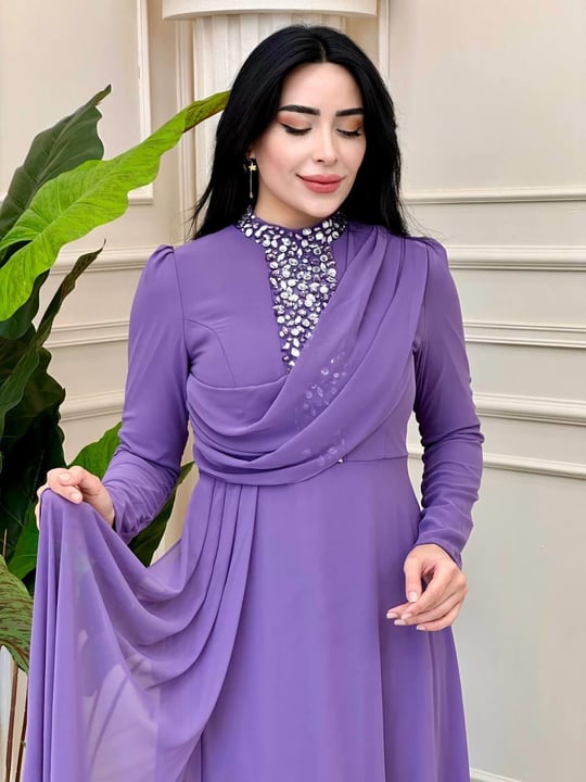 Taş İşleme Şifon Elbise 0655 t-24 Lila