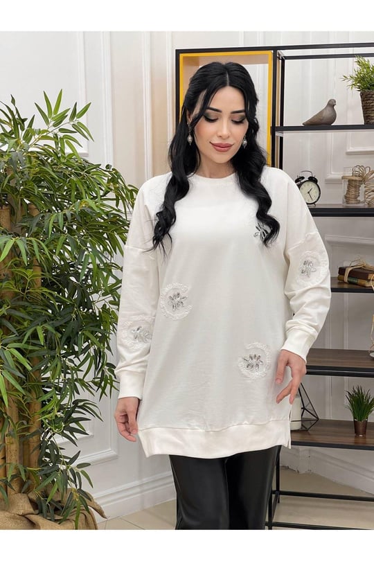 Taş İşleme Sweat 10225-Ekru