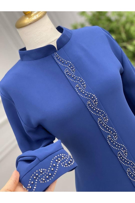 Taş İşleme Tunik 5219-Saks