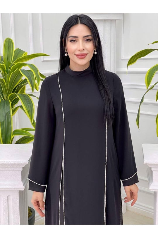 Taş Şerit Şifon Detay Elbise 4337-Siyah