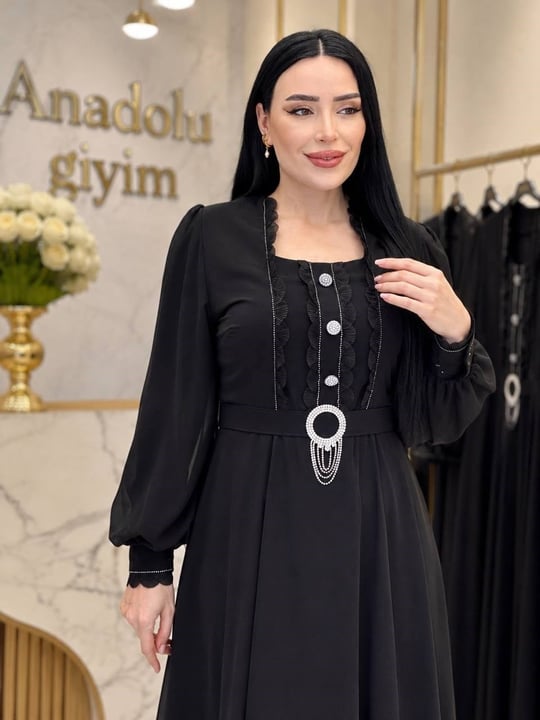 Taş Toka Kemer Şifon Elbise 7074 T-26 Siyah
