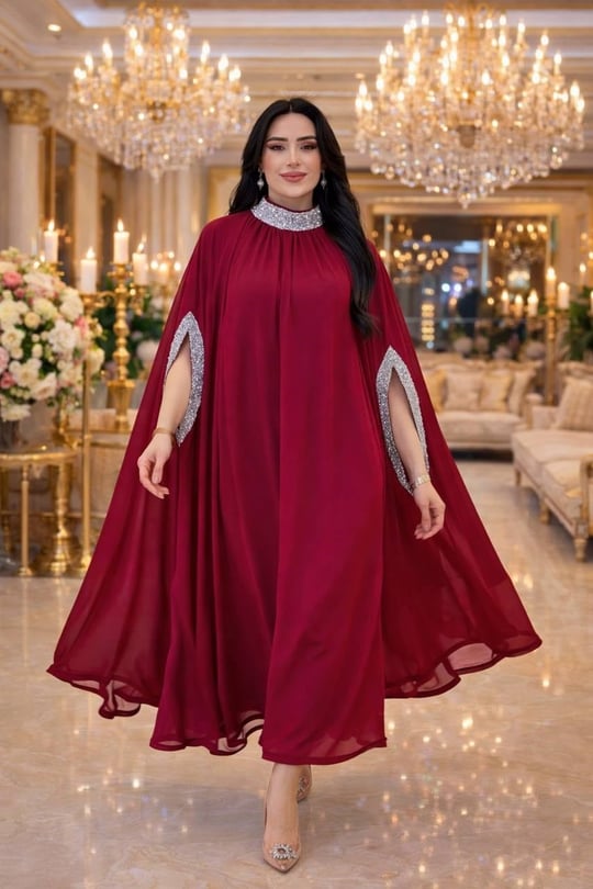 Taşlı Tüm Pelerin Elbise 8006 T-26 Bordo
