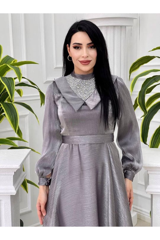 Taşlı Yaka Detay Jan Jan Elbise 3850-Gri