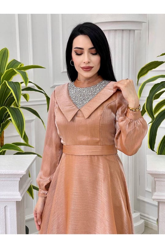 Taşlı Yaka Detay Jan Jan Elbise 3850-Somon