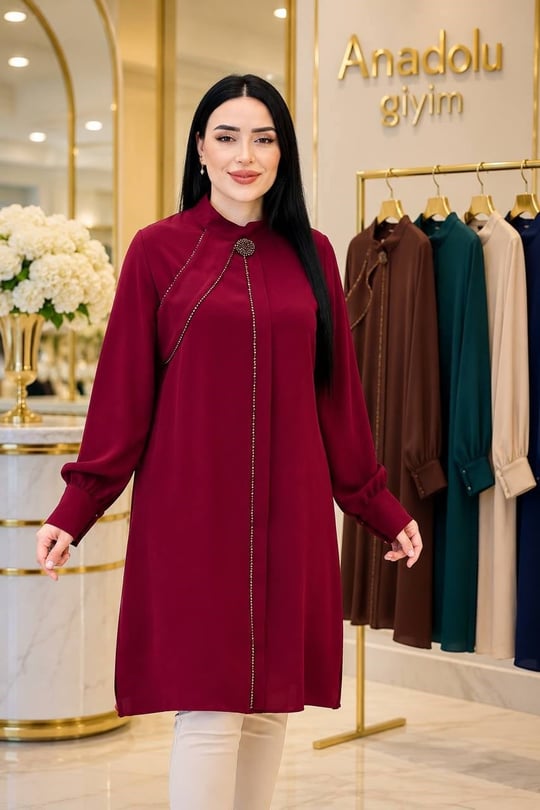 Tek Omuz Bant Boncuk İşleme Tunik 2235 T-26 Bordo