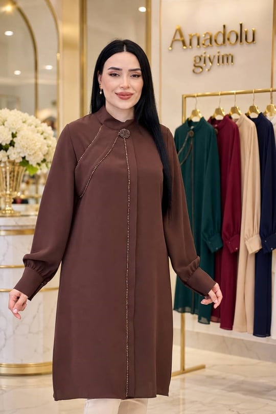 Tek Omuz Bant Boncuk İşleme Tunik 2235 T-26 Kahverengi