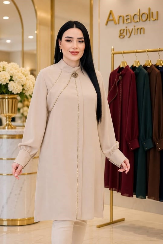 Tek Omuz Bant Boncuk İşleme Tunik 2235 T-26 Bej
