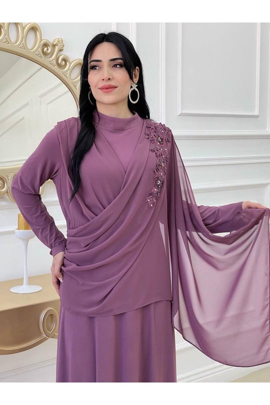 Tek Omuz Detay Abiye Elbise 3291-Leylak