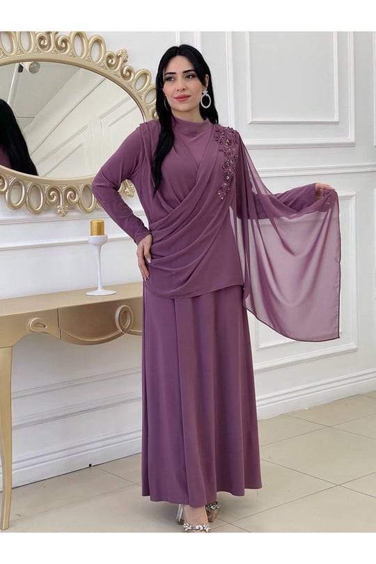 Tek Omuz Detay Abiye Elbise 3291-Leylak