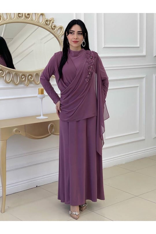 Tek Omuz Detay Abiye Elbise 3291-Leylak