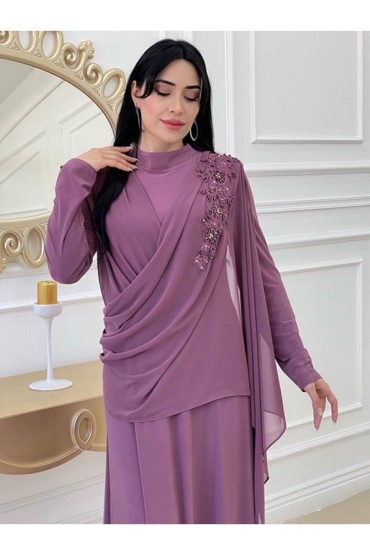 Tek Omuz Detay Abiye Elbise 3291-Leylak