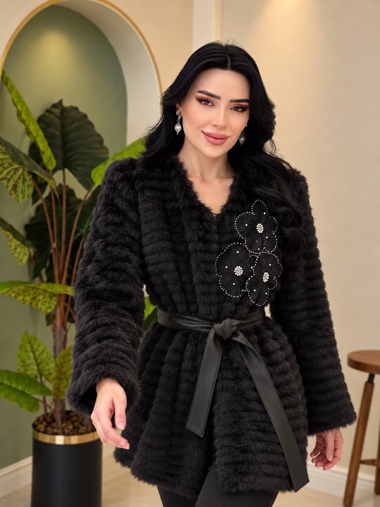 Tek Omuz İşleme Angora Kap 9040 T-26 Siyah