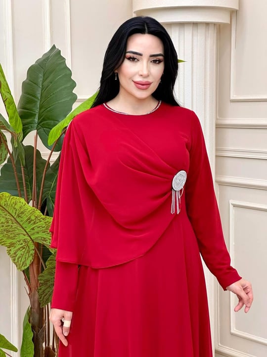 Tek Omuz Pelerin Şifon Elbise 1038 t-24 Bordo