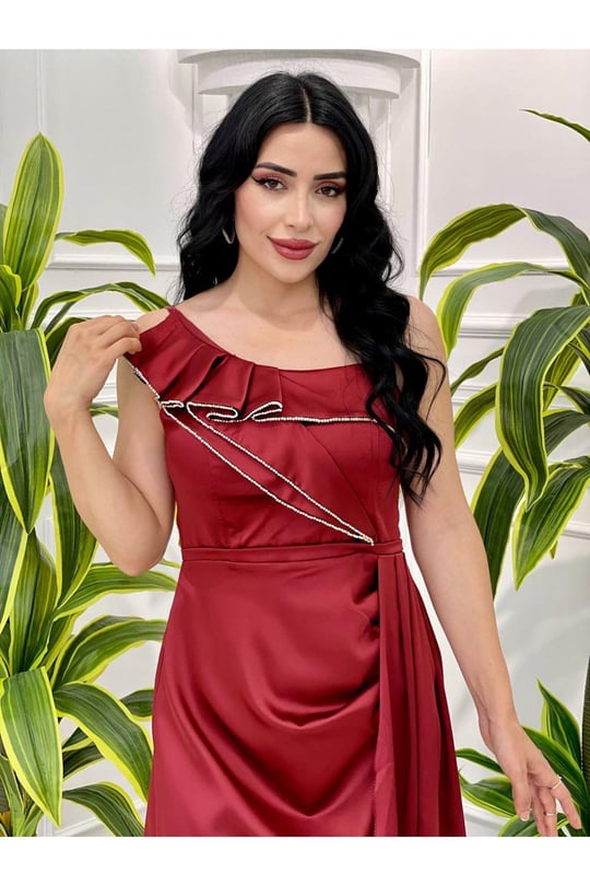Tek Omuz Saten Abiye 2458-Bordo
