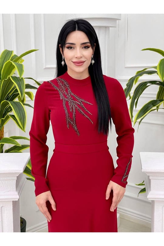 Tek Omuz Taş Elbise 598-Kırmızı