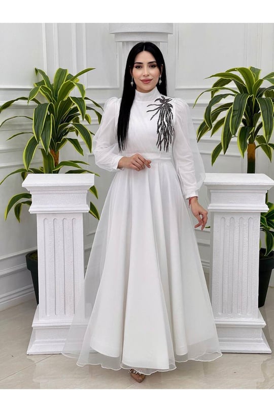Tek Taraf Drape Tül Elbise 4355-Ekru