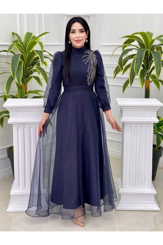 Tek Taraf Drape Tül Elbise 4355-Lacivert