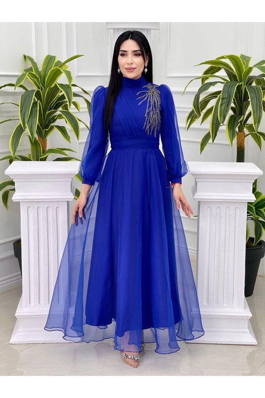 Tek Taraf Drape Tül Elbise 4355-Saks