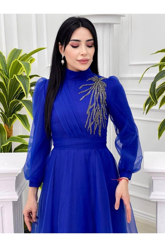 Tek Taraf Drape Tül Elbise 4355-Saks