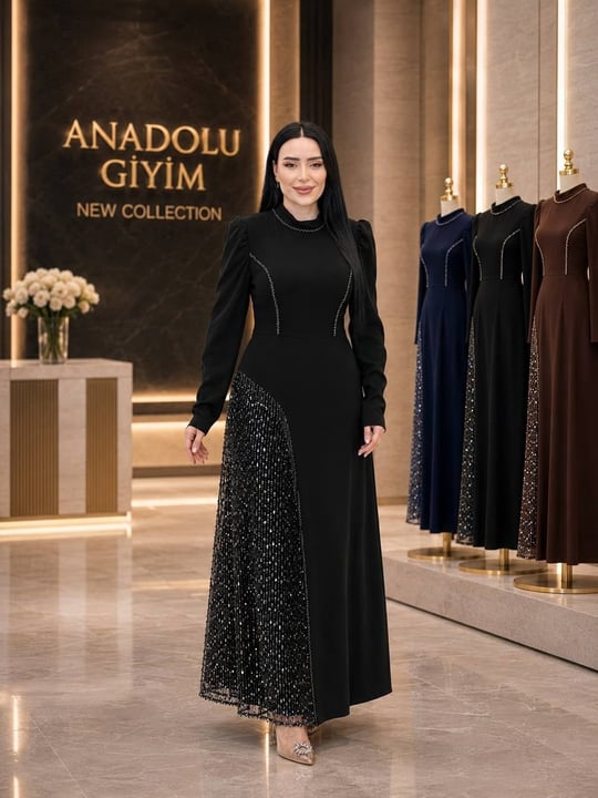 Tek Taraf İşleme Boncuklu Krep Abiye 7200 T-26 Siyah