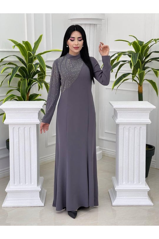 Tek Taraf İşleme Elbise 5104-Gri