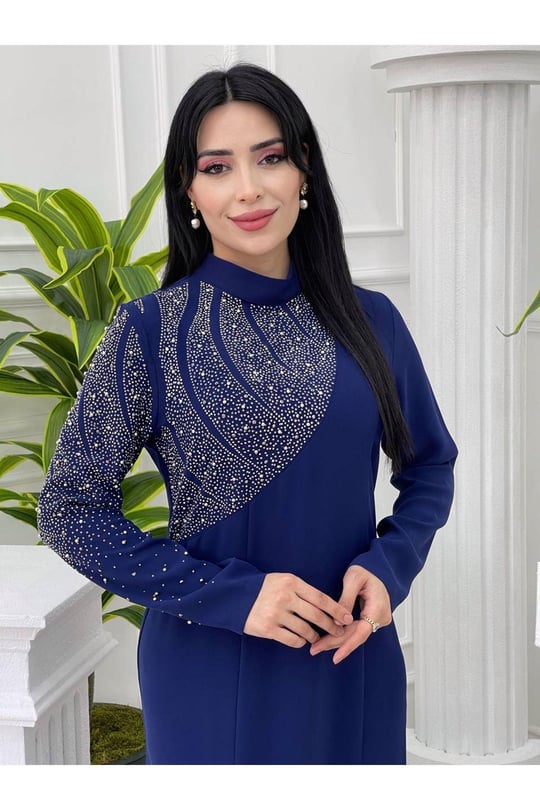 Tek Taraf İşleme Elbise 5104-Saks