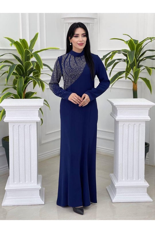 Tek Taraf İşleme Elbise 5104-Saks