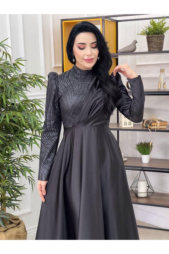 Tek Taraf Payet Saten Abiye-Siyah
