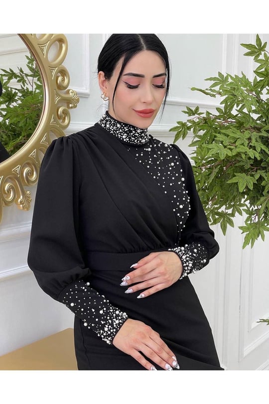 Toka Kemer Boncuklu Elbise 1067-Siyah