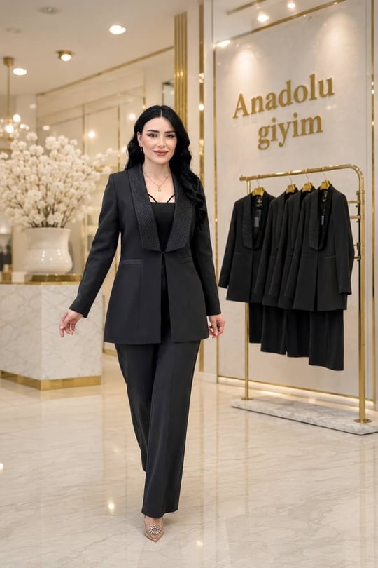 Tokalı Kemer Saten Yaka Pantolon'lu Takım 3028 T-26 Siyah