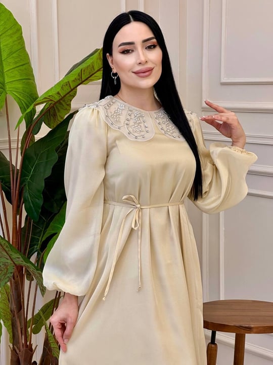 Tül İşleme Bebe Yaka Elbise 1521 E025 Bej