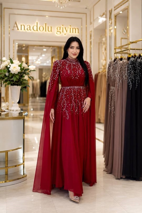 Tül Pelerinli Taşlı Abiye 5568 T-26 Kırmızı
