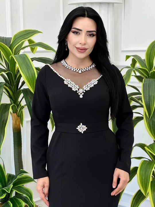 Tül Taş Detay Krep Elbise 16691 t-24 Siyah