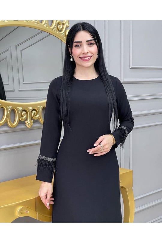 Tüy Detay Elbise 1059-Siyah