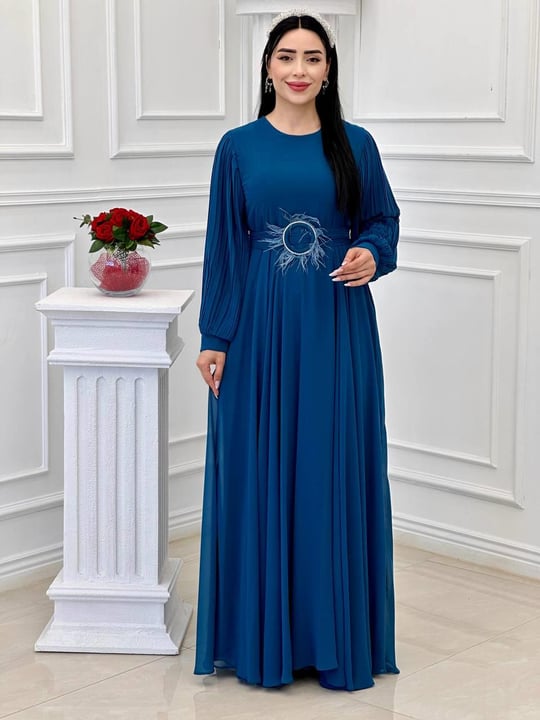 Tüy Toka Kemerli Şifon Elbise 1509 t-24 Mavi