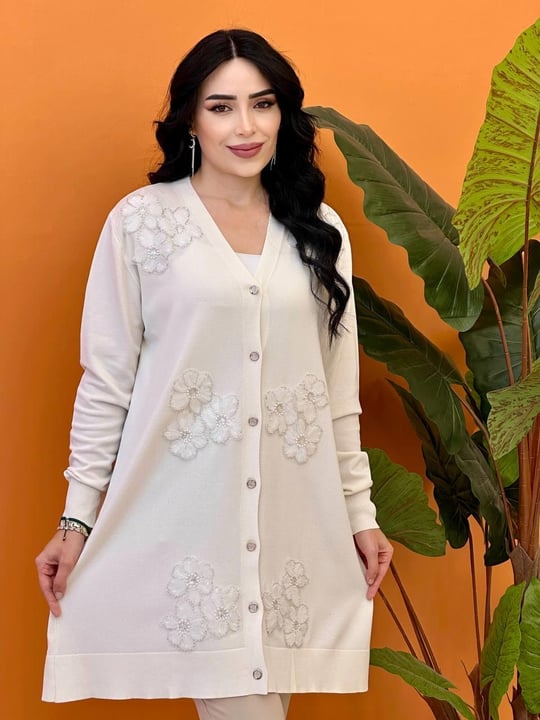 Üçlü Çiçekli Uzun Hırka 145111 T-25 Ekru