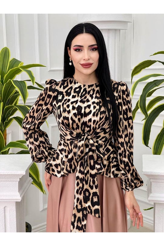 Üstü Leopar Saten Elbise 3858-Bej