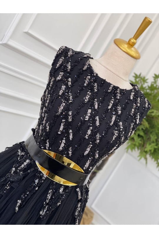 Üstü Payet Tül Abiye 2305-Gri