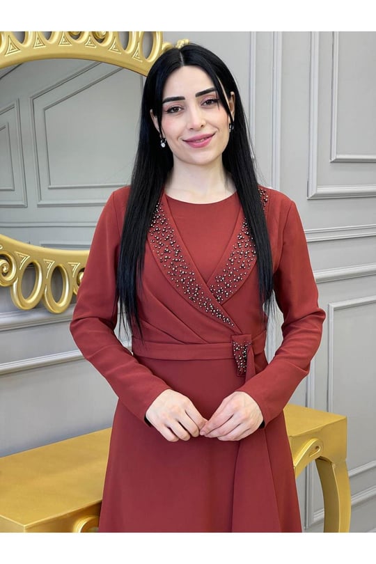 V Taş Elbise 5523-Kiremit