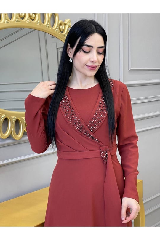 V Taş Elbise 5523-Kiremit