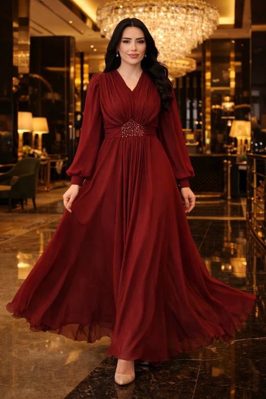 V Yaka Beli Taş Şifon Elbise 003 T-26 Bordo