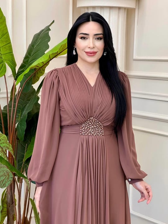 V Yakalı Beli Taş Şifon Elbise 4448 T-24 Rose