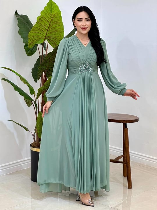 V Yakalı Beli Taş Şifon Elbise 4448 T-25 Mint yeşili