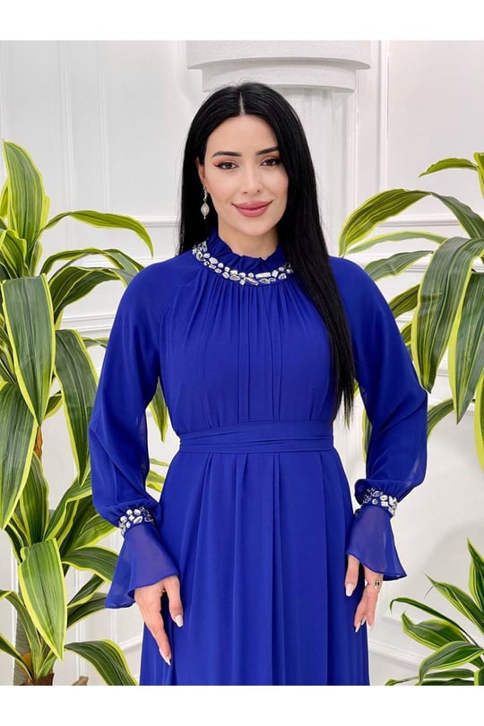 Volan Kol Şifon Elbise 12442-Saks
