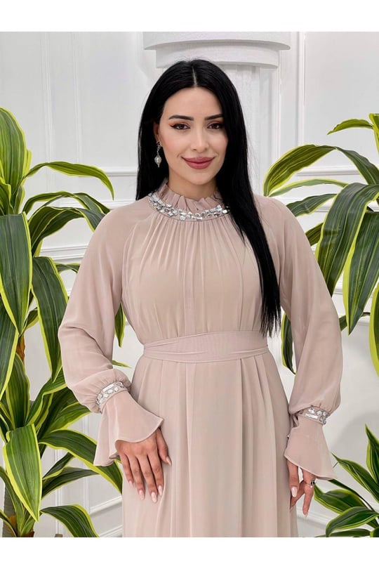 Volan Kol Şifon Elbise 12442-Taş