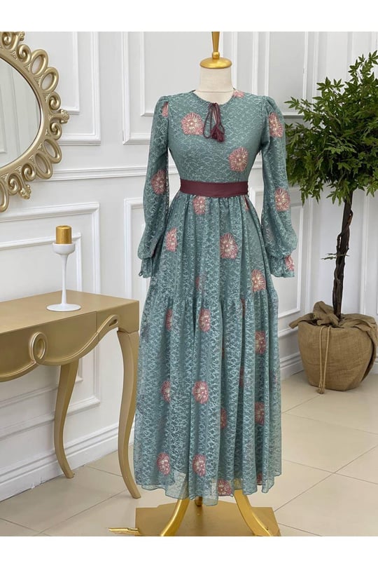 Yaka Bağçık Güpür Elbise 1216-Mint yeşili
